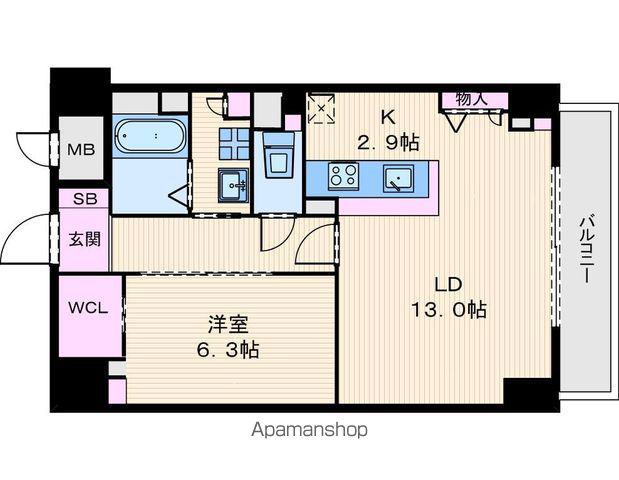 グランルージュ谷町六丁目(1LDK/13階)の間取り写真