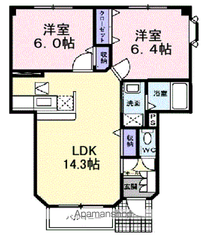グランヒルズ北上C(2LDK/1階)の間取り写真