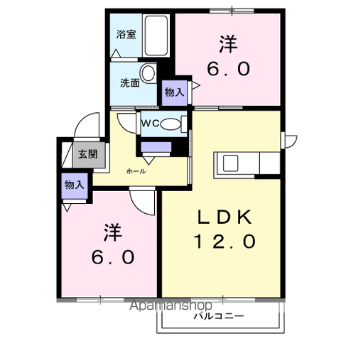ヴィラ響B棟(2LDK/2階)の間取り写真