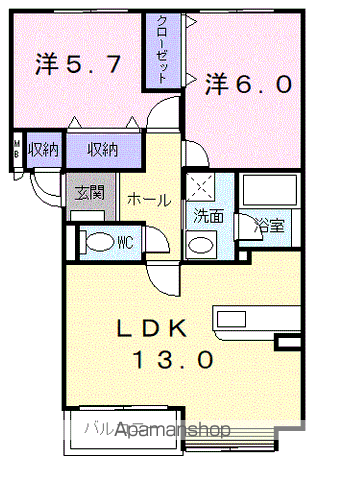 ヴィラエルンテ平和通Ⅱ(2LDK/3階)の間取り写真