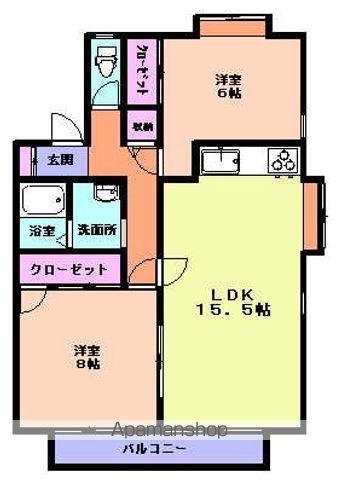 ロイヤルシティ上坊C棟(2LDK/1階)の間取り写真