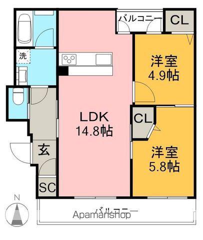 ラークネスト(2LDK/1階)の間取り写真