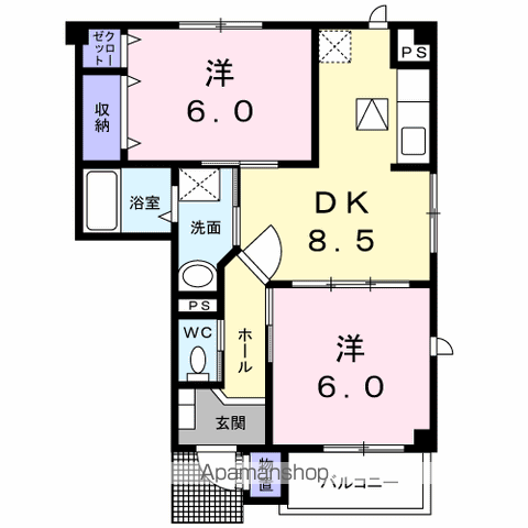 プラシードカーサ(2DK/1階)の間取り写真