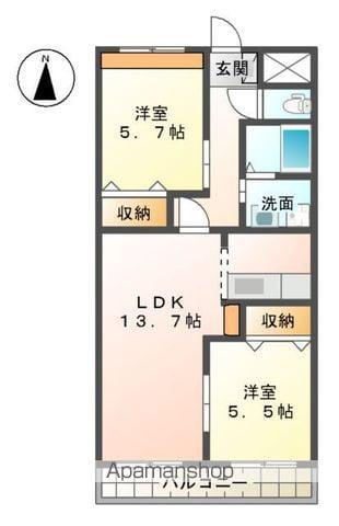 福岡県遠賀郡遠賀町 2階建 築12年(2LDK/2階)の間取り写真