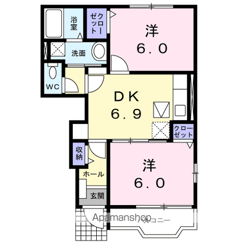 ソレアードN A棟(2DK/1階)の間取り写真