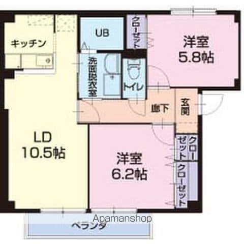 ヴォワール三和 B棟(2LDK/2階)の間取り写真