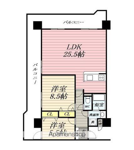 スカイレジデンシア山王(2LDK/9階)の間取り写真
