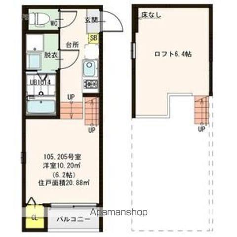 ハーモニーテラス山手町Ⅲ(1K/2階)の間取り写真
