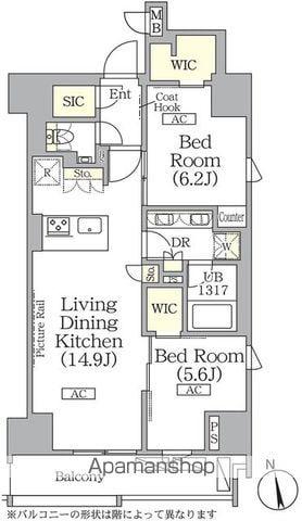 ザ・パークハビオ神楽坂レジデンスサウス(2LDK/1階)の間取り写真