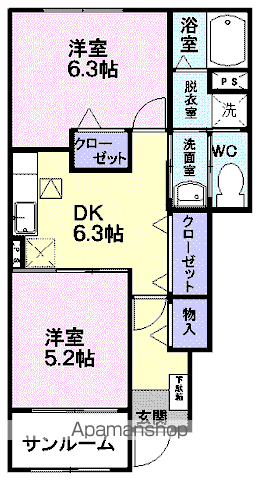 ベルサイド(2DK/1階)の間取り写真