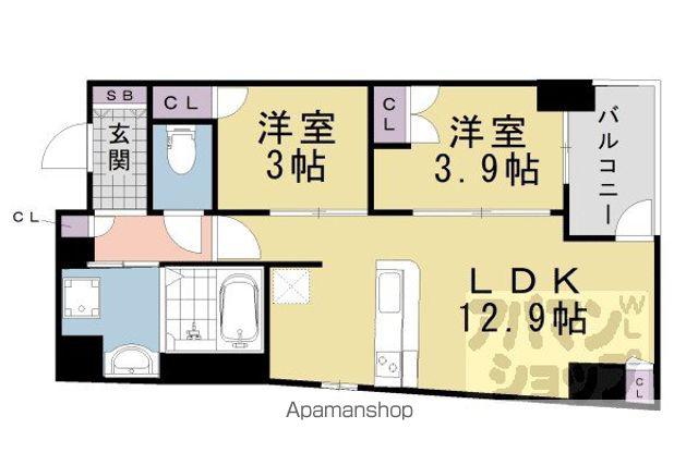 ソルレヴェンテ堀川高辻(2LDK/2階)の間取り写真