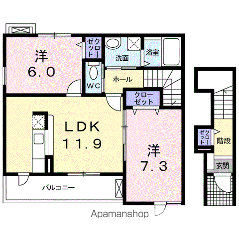 AQUAGULLYⅠ(2LDK/2階)の間取り写真