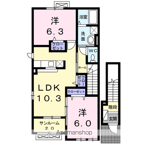 メゾン・ド・ソレイユⅢ(2LDK/2階)の間取り写真