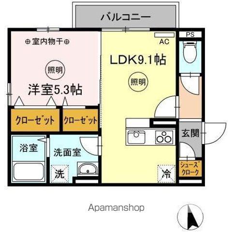 ユニヴェールD棟(1LDK/2階)の間取り写真