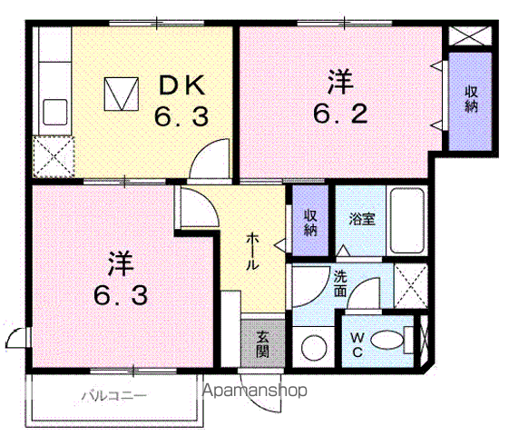 ペスカフルール(2DK/1階)の間取り写真