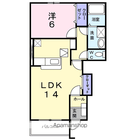 グラン・オリゾンB棟(1LDK/1階)の間取り写真