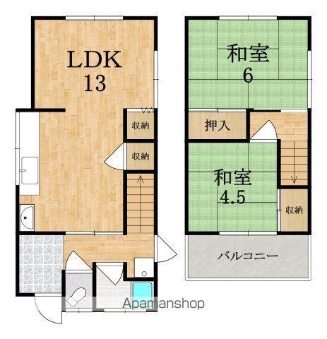 近鉄難波・奈良線 東生駒駅 徒歩5分 2階建 築57年(2LDK)の間取り写真