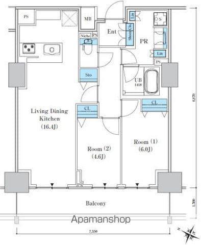 ロイヤルパークスER万代(2LDK/6階)の間取り写真