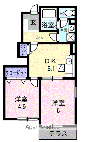 カーサフィオーレA(2DK/1階)の間取り写真