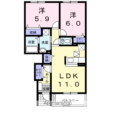 エテルノⅠ(2LDK/1階)の間取り写真