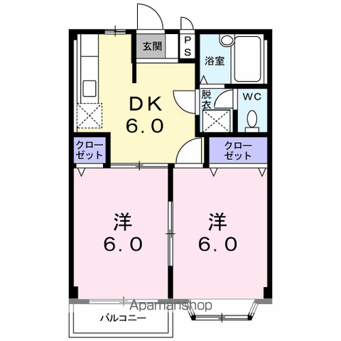 エルディム花水木東棟(2DK/1階)の間取り写真