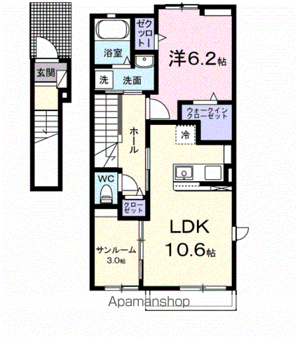 ヒカルサ鳥栖今泉ノース(1LDK/2階)の間取り写真