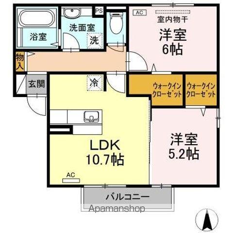 フェリーチェB棟(2LDK/2階)の間取り写真