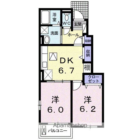 カルモⅡ B(2DK/1階)の間取り写真