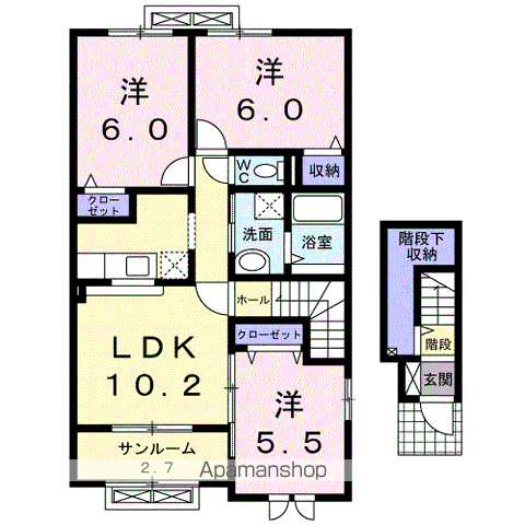 富山地鉄不二越上滝 大泉駅(富山) 徒歩34分 2階建 築15年(3LDK/2階)の間取り写真
