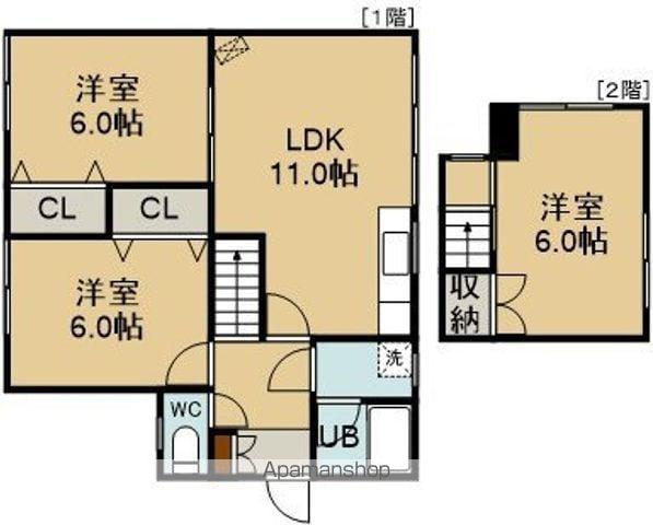 函館本線 森駅(北海道) 徒歩13分 2階建 築33年(3LDK)の間取り写真