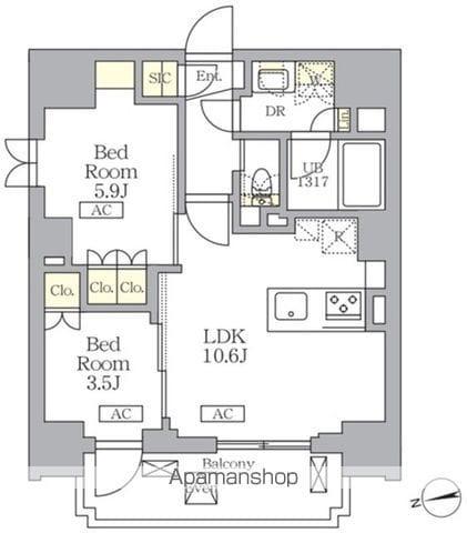 ザ・ライオンズフォーシア文京湯島(2LDK/8階)の間取り写真
