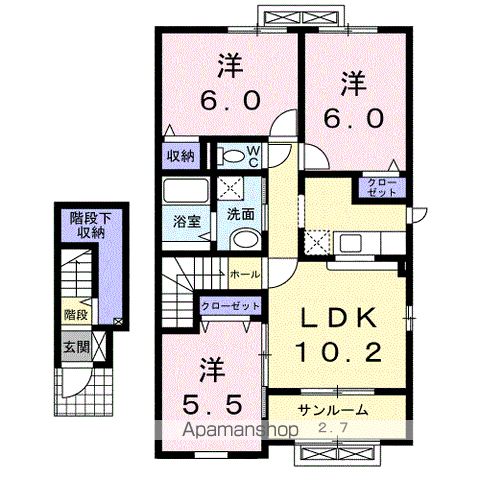 ドゥ・ファミーユB(3LDK/2階)の間取り写真
