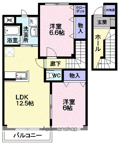 マーベラスヒルB棟(2LDK/2階)の間取り写真
