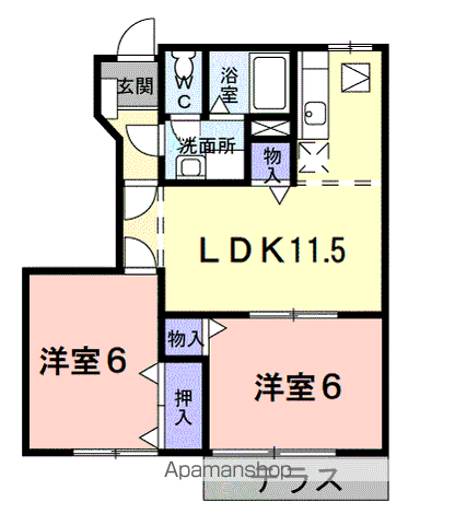 ロータス城ヶ上A(2LDK/1階)の間取り写真