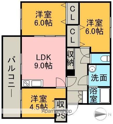 リベルティ旭ヶ丘(3DK/3階)の間取り写真