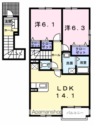 ピクシー・ラビット A(2LDK/2階)の間取り写真