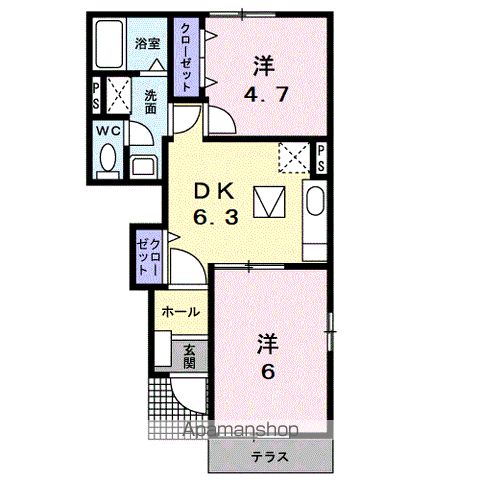 プラシードB(2DK/1階)の間取り写真