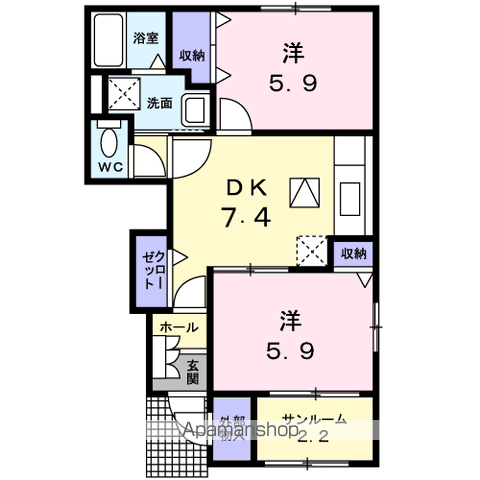 オレンジ・ピークスA(2DK/1階)の間取り写真