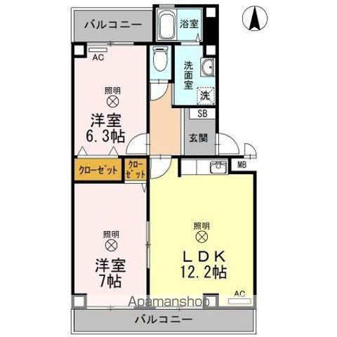 TWIN CASA Ⅱ棟(2LDK/3階)の間取り写真