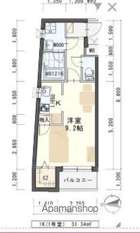 しゃとれ旭ヶ丘(1K/2階)の間取り写真
