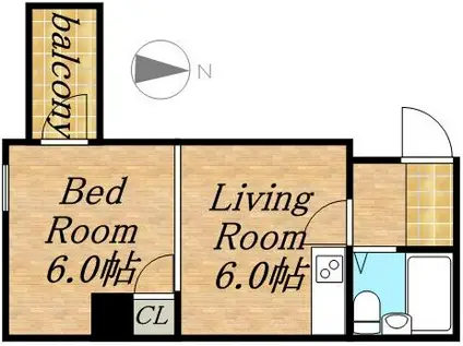 サウスフォーⅡ(1DK/2階)の間取り写真