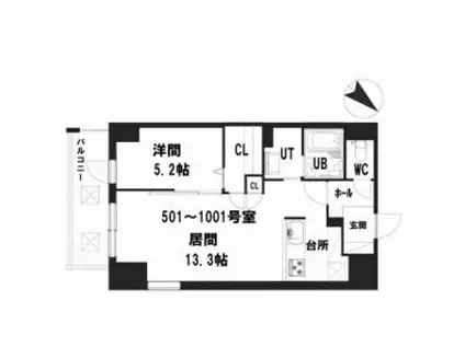 グランメール ハピネス美園(1LDK/8階)の間取り写真