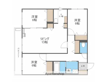 ZABO HILLS TOYOHIRA イースト・ウエスト(3LDK/2階)の間取り写真