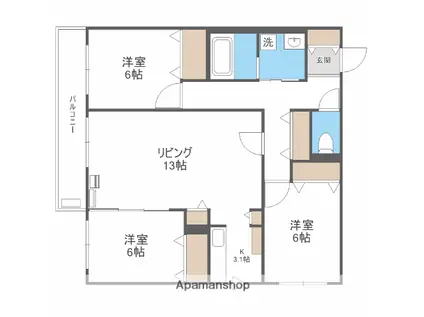 ZABO HILLS TOYOHIRA イースト・ウエスト(3LDK/3階)の間取り写真