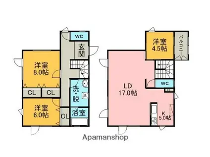 室蘭本線 室蘭駅 徒歩46分 2階建 築18年(3LDK)の間取り写真