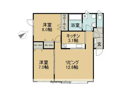 ノースヒルⅡ(2LDK/1階)の間取り写真