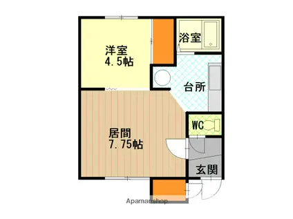 ハイツエルムA棟(1DK/2階)の間取り写真