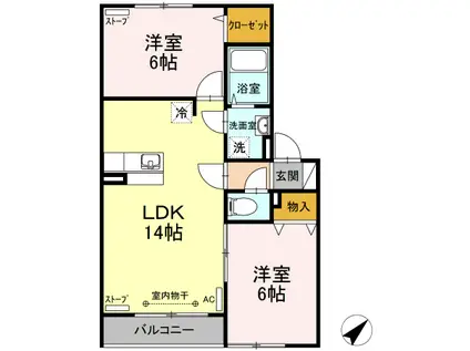 ベルソス苫小牧 B(2LDK/1階)の間取り写真