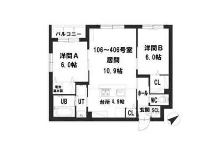 グランメールアサヒⅥ(2LDK/2階)の間取り写真