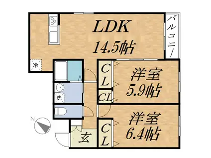 アスティル伏見(2LDK/1階)の間取り写真